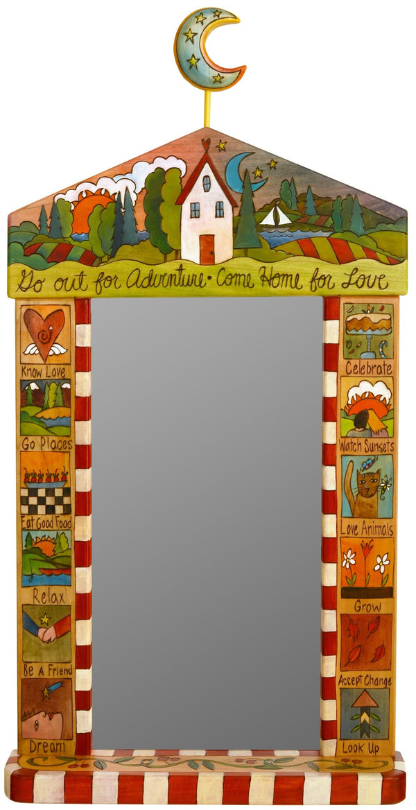 Large Mirror –  "Go out for Adventure/Come Home for Love" mirror with sun and moon on the horizon with home motif