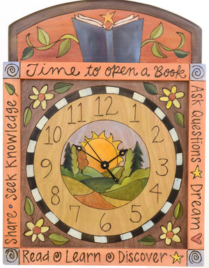 Square Wall Clock –  Lovely wall clock with sunrise landscape and floral motif with an open book at the top