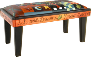 Sticks handmade 3' bench with leather and colorful crazy quilt design