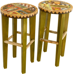 Sticks handmade stools with colorful folk art imagery and western theme
