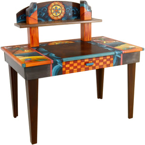 Desk with Shelf –  Eclectic folk art desk with colorful elements and shelf