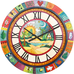 Sticks handmade 36"D wall clock with bright, colorful beach motif