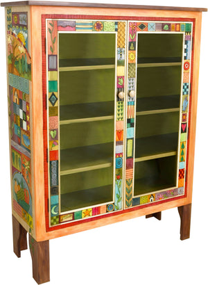 Bookcase with Glass Doors –  Bookcase cabinet with interior shelves and colorful block icons and landscapes