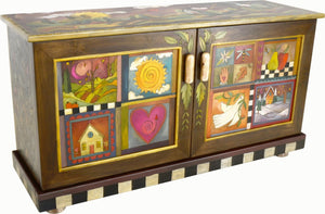 Medium Buffet –  Beautiful two door buffet featuring a landscape and patchwork designs with leaves scattered about main view