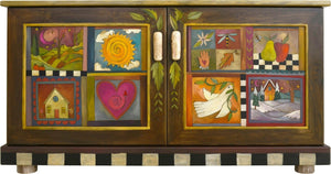 Medium Buffet –  Beautiful two door buffet featuring a landscape and patchwork designs with leaves scattered about front view