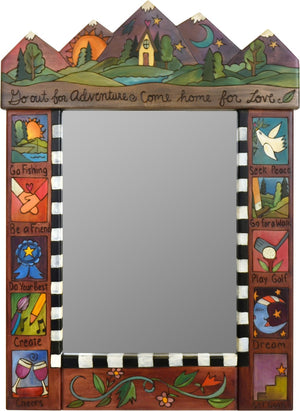 Medium Mirror –  "Go Out for Adventure/Come Home for Love" mirror with sun and moon over a cozy home on the rolling hills