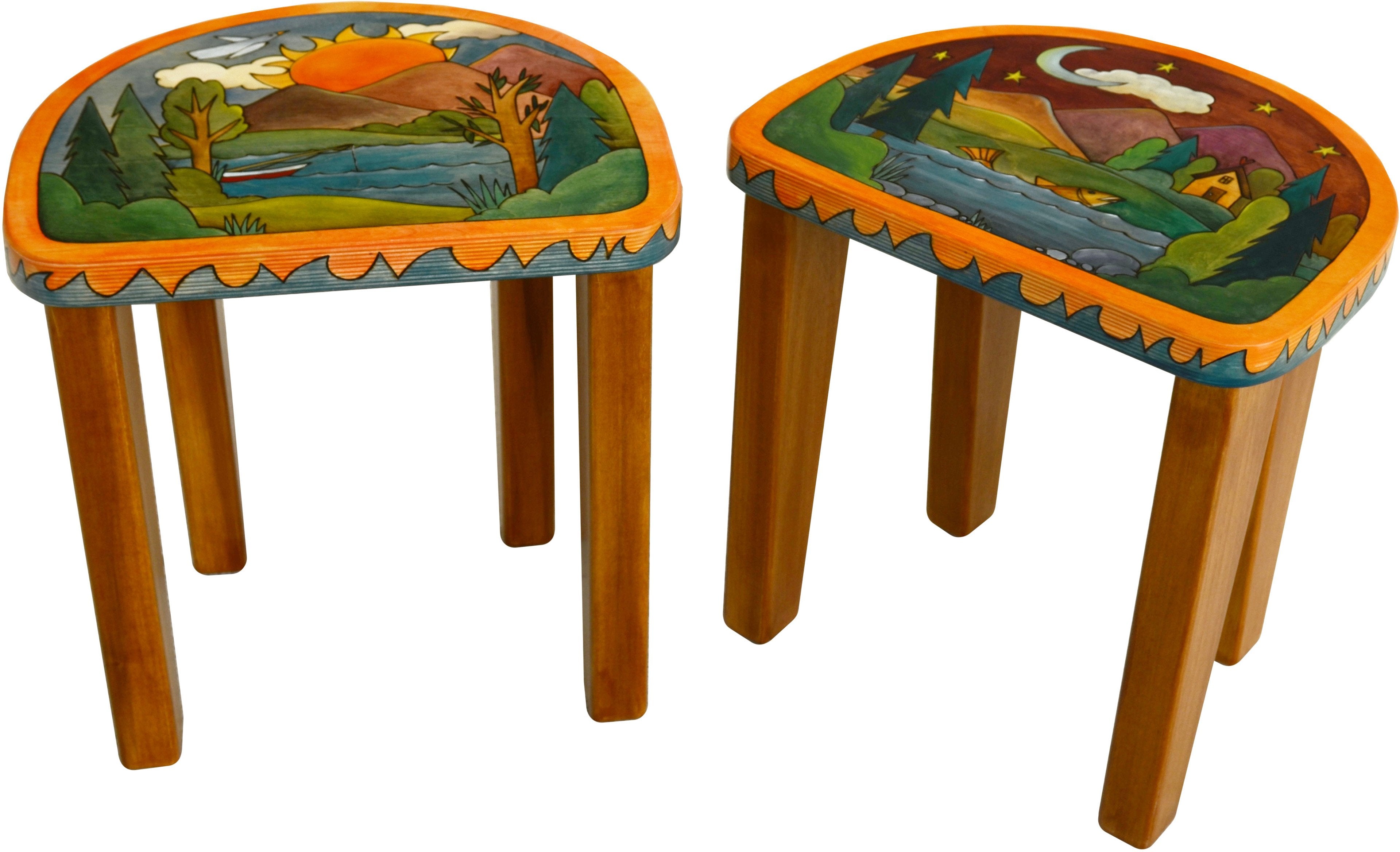 Short Stool Set –  Stool set with sun and moon over a beautiful mountain range motif