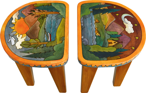 Short Stool Set –  Stool set with sun and moon over a beautiful mountain range motif