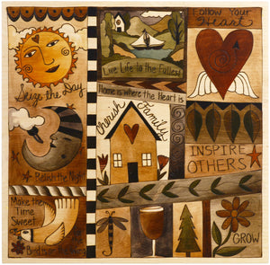 Sticks handmade wall plaque with quilt design in neutral hues