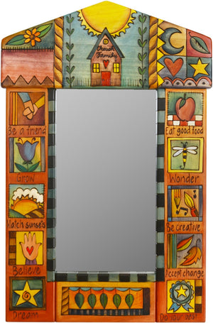 Small Mirror –  "Cherish Family" mirror with bright sun over a cozy home motif