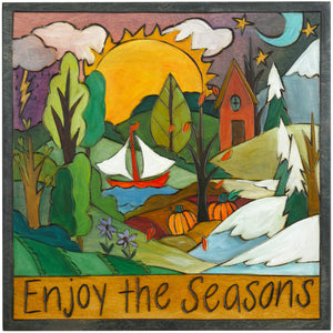 Sticks handmade wall plaque with "Enjoy the Seasons" quote and four seasons landscape