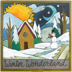 Sticks handmade wall plaque with "Winter Wonderland" quote and snowy mountain landscape