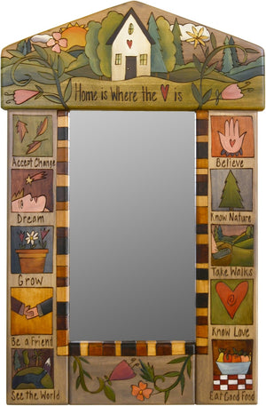 Small Mirror –  "Home is Where the Heart is" mirror with sun setting over a cozy home in the woods motif