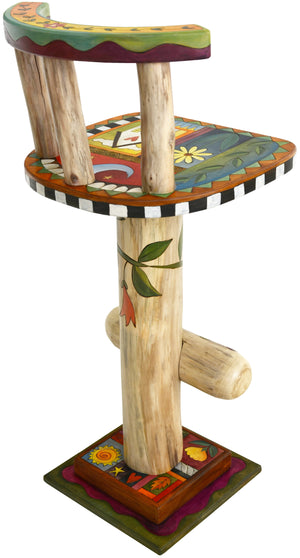 Stool with Back –  Beautiful crazy quilt stool seat and base designs with lovely floral vine on the log pedestal back view