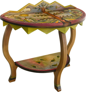Small Half Round Table –  Eclectic little half round table with tree of life motif, rolling landscape, and sun and moon