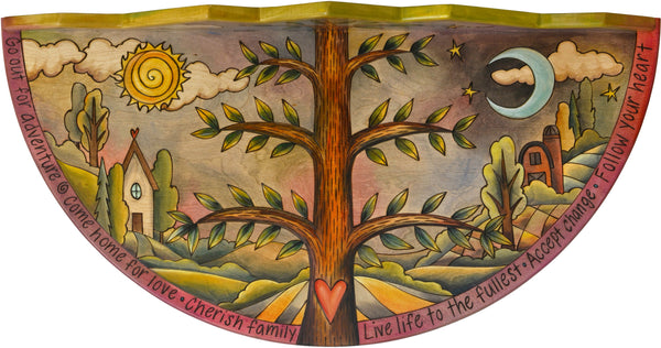 Small Half Round Table –  Eclectic little half round table with tree of life motif, rolling landscape, and sun and moon