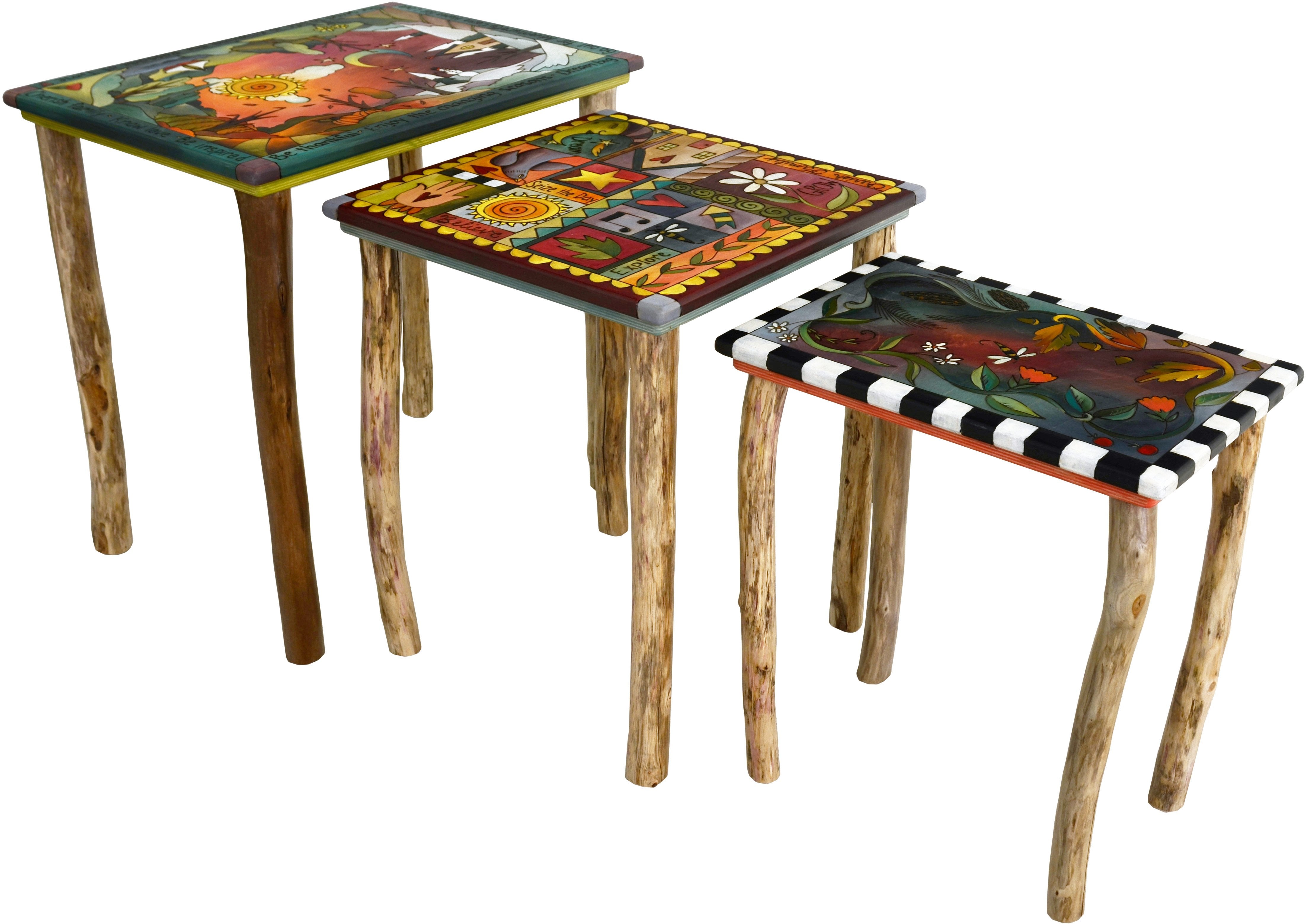 Nesting Table Set –  Elegant nesting table set with darker hues, birch legs and four seasons symbology