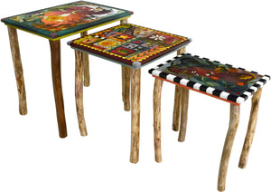 Nesting Table Set –  Elegant nesting table set with darker hues, birch legs and four seasons symbology