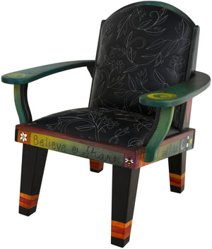 Friedrich's Chair and Matching Ottoman –  Beautiful tree of life chair back motif with black leather seat and white contrast stitched floral vine front view