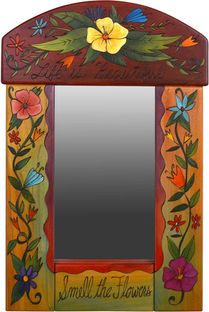 Small Mirror –  "Life is Beautiful, Smell the Flowers" mirror with floral motifs
