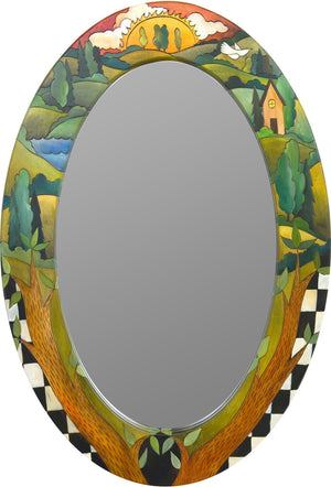 Oval Mirror –  Colorful landscape mirror with sunrise and black and white checks