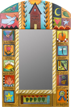 Small Mirror –  "Cherish Family" mirror with bright sun over a cozy home motif