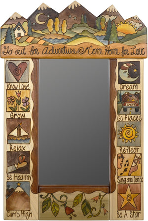 Small Mirror –  "Go out for Adventure, Come Home for Love" elegant and neutral mirror with mountain landscape