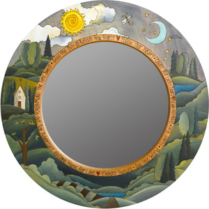 Large Circle Mirror –  "Seize the Day/Relish the Night" circle mirror with sun and moon over the horizon motif