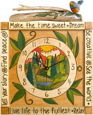 Square Wall Clock –  Landscape design with driftwood and bird embellishments