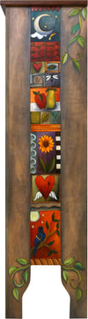 Bookcase with Glass Doors –  Bookcase cabinet with interior shelves and colorful crazy quilt icon patches