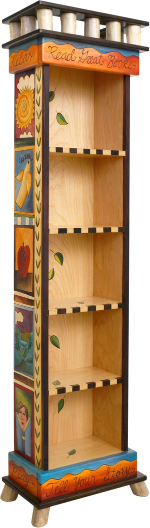 Tall Bookcase –  Bright and contemporary folk art bookcase with colorful block icon motif