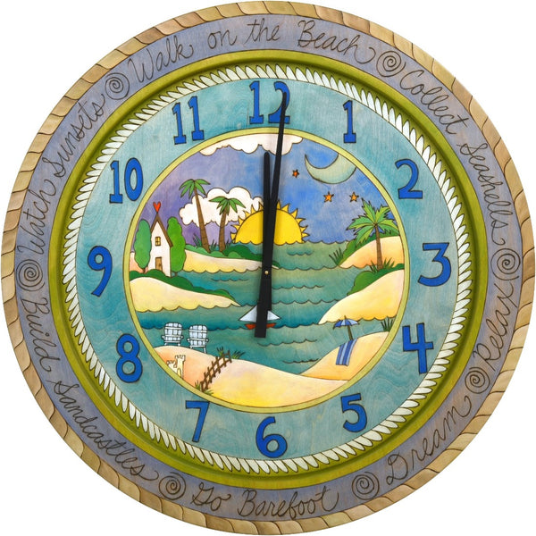 Sticks handmade 36"D wall clock with blue, tropical coast theme