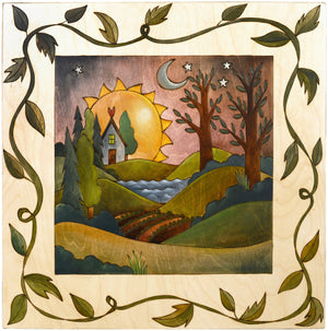 Sticks handmade wall plaque with rolling landscape and vine border
