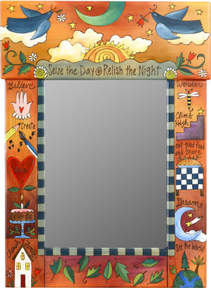 Medium Mirror –  "Seize the Day/Relish the Night" mirror with bluebirds flying in the sunset motif