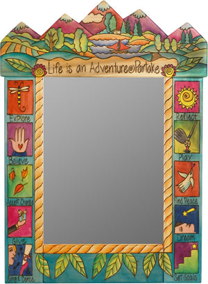 Medium Mirror –  "Life is an Adventure/Partake" mirror with sailboat on the lake and colorful mountains motif