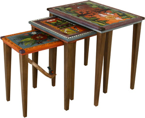 Nesting Table Set –  "Climb High/See the World" nesting table set with sun and moon over the tree of life motif