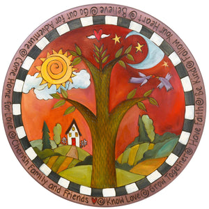 20" Lazy Susan –  Tree of life landscape design with love birds in flight on a vibrant red background
