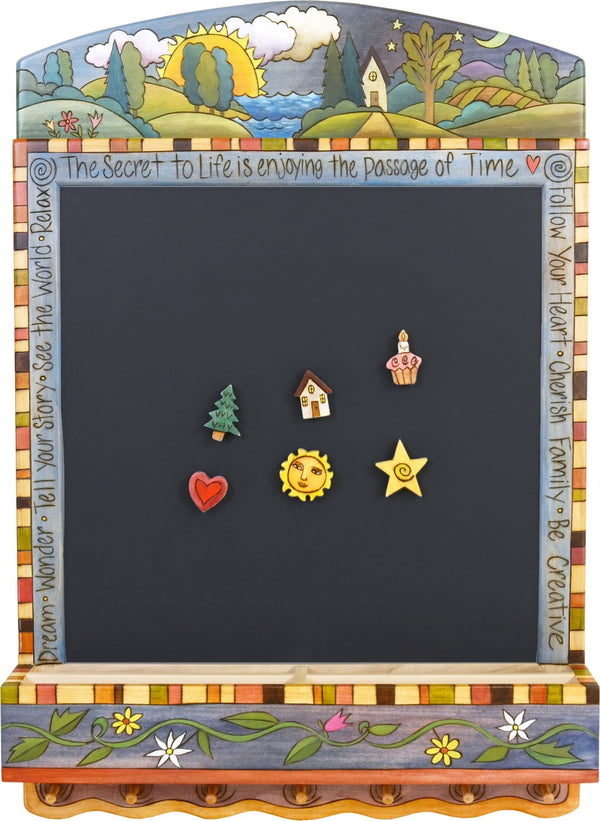 Info Center –  "The Secret to Life is Enjoying the Passage of Time" activity board with sun and moon over the horizon motif