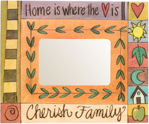 Sticks handmade picture frame with "Home is Where the Heart is" and "Cherish Family" quotes