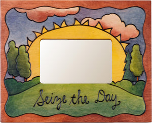 Sticks handmade picture frame with sunrise landscape and "Seize the Day" phrase