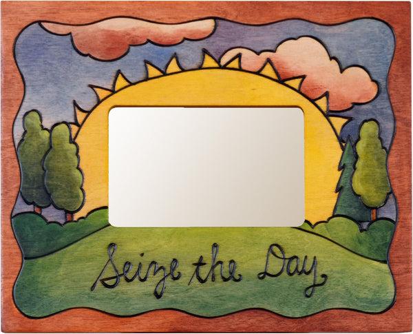 Sticks handmade picture frame with sunrise landscape and "Seize the Day" phrase