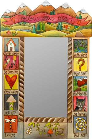 Small Mirror –  "Follow Your Heart" mountain landscape mirror with colorful block icons and floral motifs