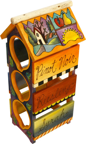 Sticks handmade wine rack with colorful life icons featuring pinot noir, champagne, riesling, merlot, syrah, and chardonnay