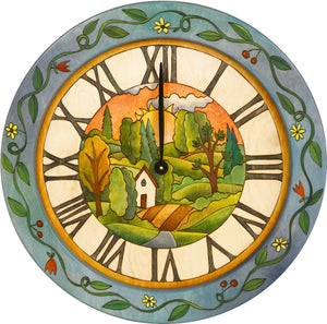 Sticks handmade 24"D wall clock with rolling landscape and floral vine