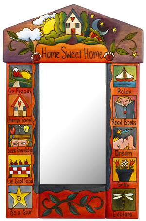Small Mirror –  "Home Sweet Home" mirror with sun and moon over a cozy home motif