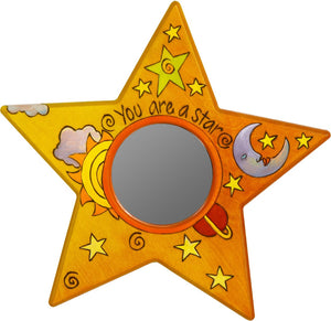 Star Shaped Mirror –  "You are a Star" star-shaped mirror with warm colored sun, moon and star motif