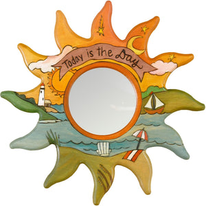 Sun Shaped Mirror –  "Today is the Day" Sun-shaped mirror with warm sunset over the ocean motif