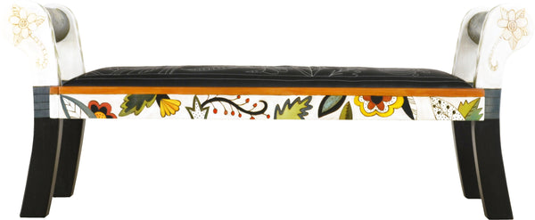 Rolled Arm Bench with Leather Seat –  Black and White rolled arm bench with leather seat with bright contemporary floral motif. Side view