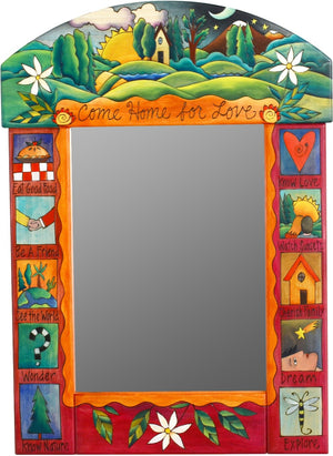 Medium Mirror –  "Come Home for Love" mirror with sunset behind home with rolling hills motif