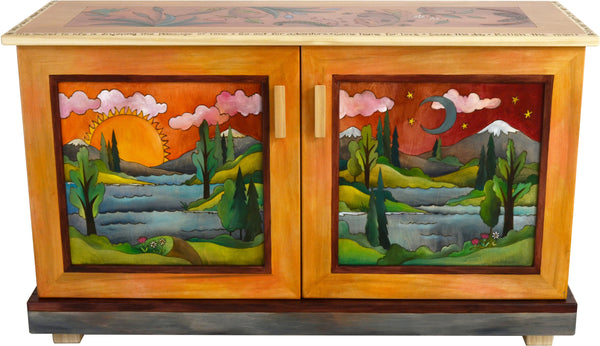 Medium Buffet –  Beautiful two door buffet featuring a lush landscape painting, sun and moon motif, and interior shelving front view